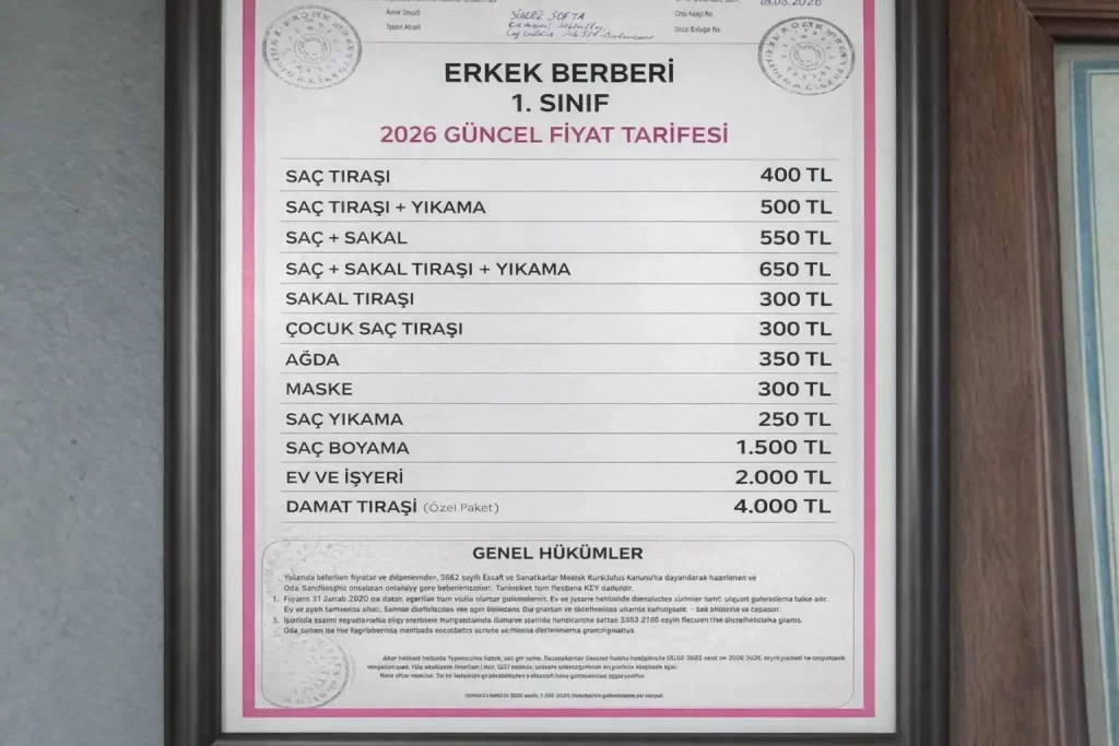 2026 yılı damat tıraşı fiyat listesi